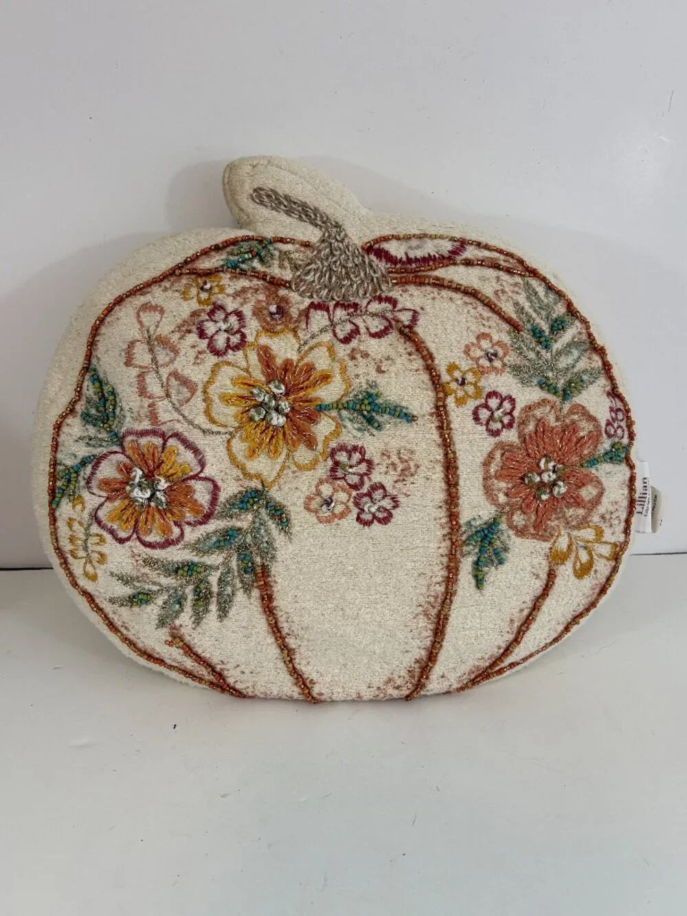 Lillian August Embroidered Beaded Floral Pumpkin Throw Pillow Fall Harvest Decor